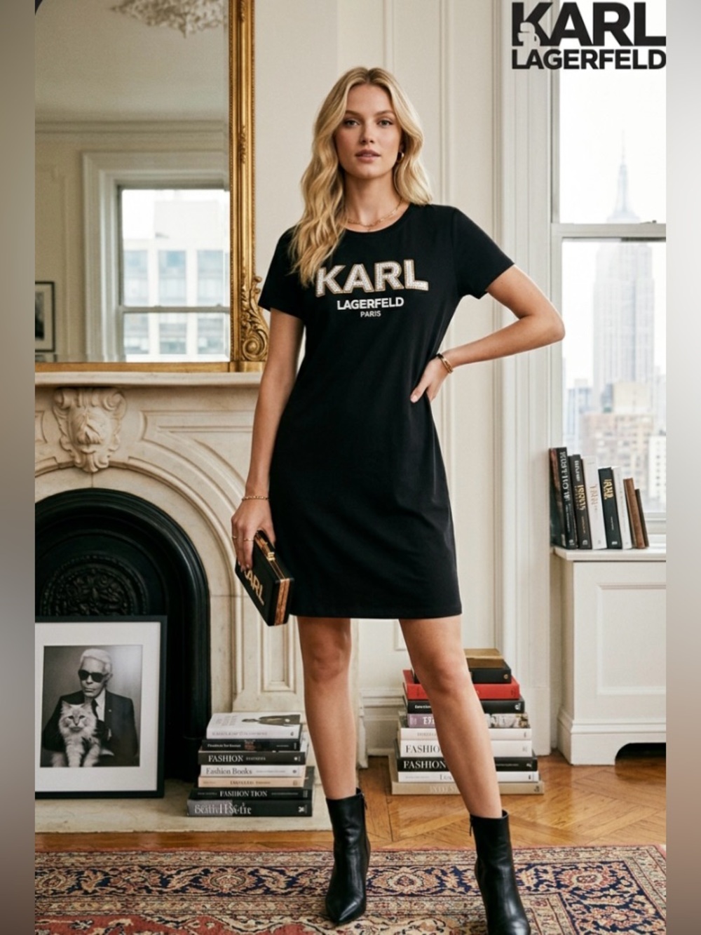 Like New ~ Karl Lagerfeld Black Dress W/Gold Sequin & Bead Logo ~ Size Large